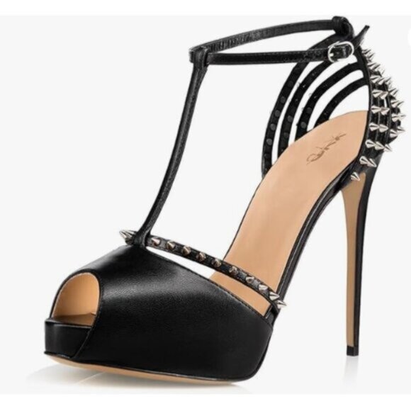 XYD Black Sexy Platform High Heel Spikes Studded Peep Toe T-strap Sandals - Picture 1 of 8